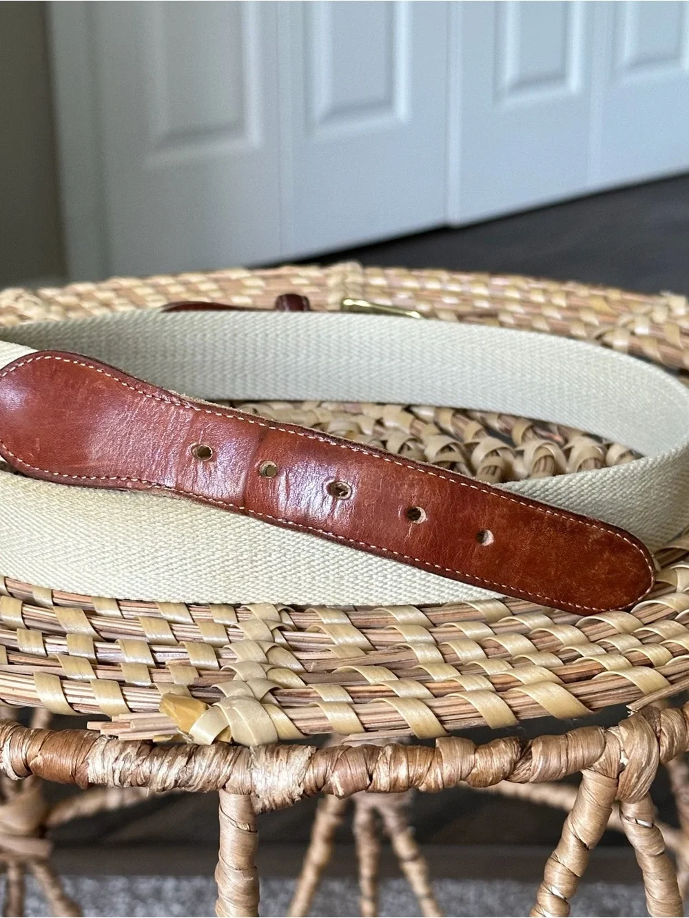 Vintage Coach Cream Canvas Belt with Brown Leather Accents and Brass Buckle